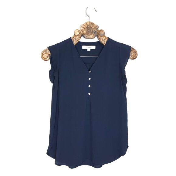 LOFT Top Chiffon V Neck Button Front Flutter Sleeve Blue Navy Blouse xs - Picture 7 of 7